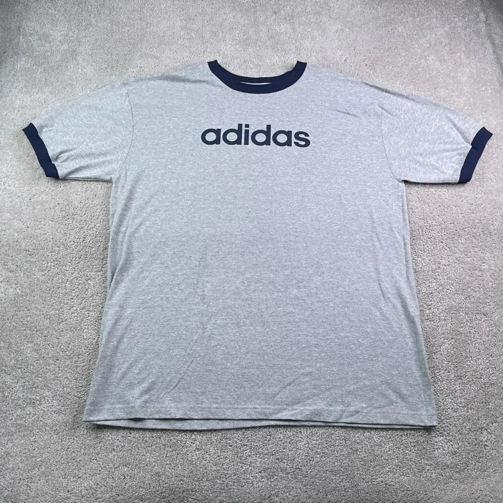 Vintage Adidas Shirt Mens XL Grey Blue Spellout Logo Ringer Tee Y2K